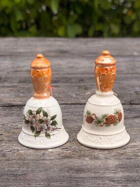 Vintage Lot Set of 2 Lugenes Bells Mother of Pearl Glaze Handle Flowers Japan